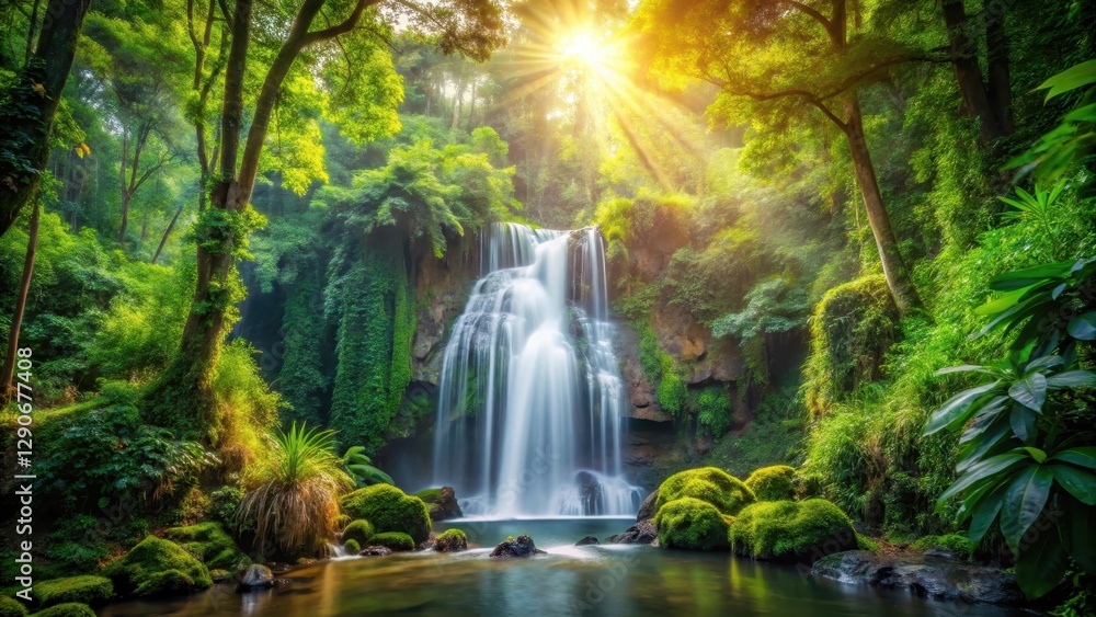 waterfall amidst dense foliage in vibrant forest atmosphere, greenery surrounds the scene, sunlight filters through canopy, landscape, overgrown vegetation waterfall amidst dense foliage in vibrant forest atmosphere, greenery surrounds the scene, sunlight filters through canopy, landscape, overgrown vegetation