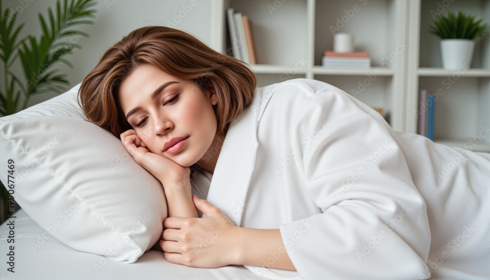 Young woman peacefully sleeping on her back in a bright modern bedroom, tranquil mood Young woman peacefully sleeping on her back in a bright modern bedroom, tranquil mood