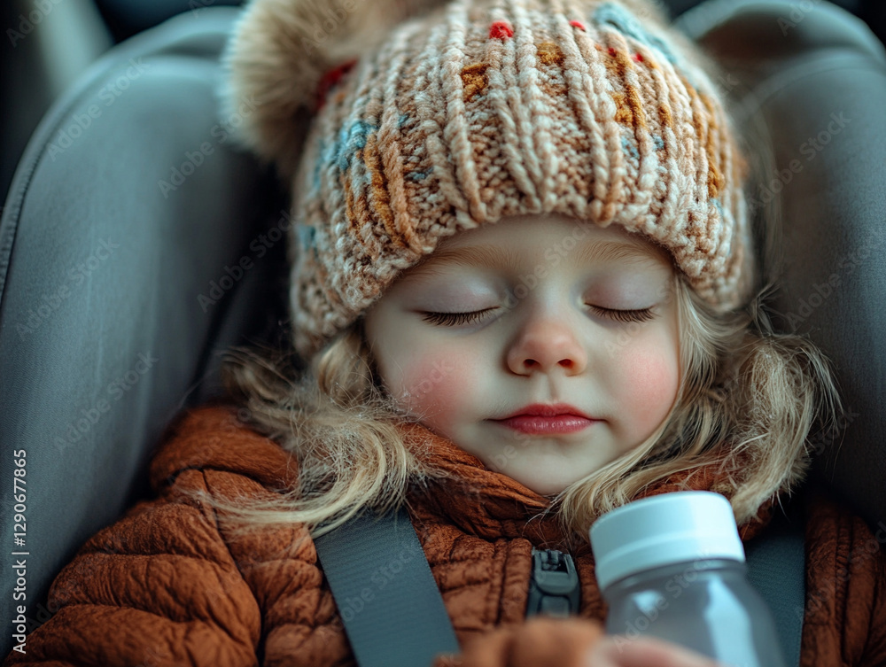 Child sleeping peacefully in car seat during winter travel Child sleeping peacefully in car seat during winter travel