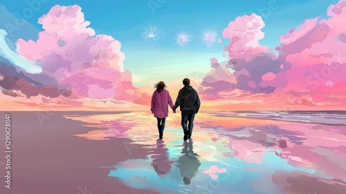 A Couple Holding Hands on a Beach at Sunset