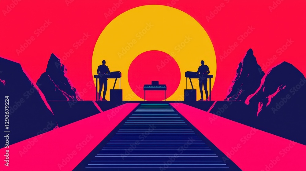 Naklejka premium Futuristic Landscape with Stylized Figures and Sun