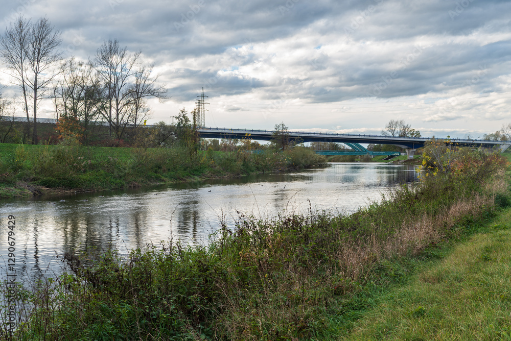 Olse river with road bridge and railway bridge above in Karvina city in Czech republic Olse river with road bridge and railway bridge above in Karvina city in Czech republic