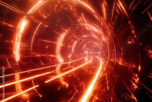 Futuristic glowing tunnel with vibrant orange light trails, creating a dynamic and immersive digital environment of speed and motion