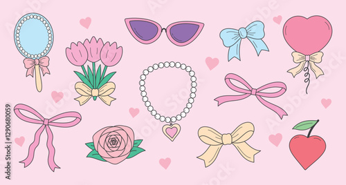 cute fashionable girly or coquette style hand drawn graphic element vector set