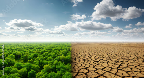 Climate change visualization showing lush green forest and dry cracked desert, symbolizing global warming's impact with dramatic lighting and stark environmental contrast.