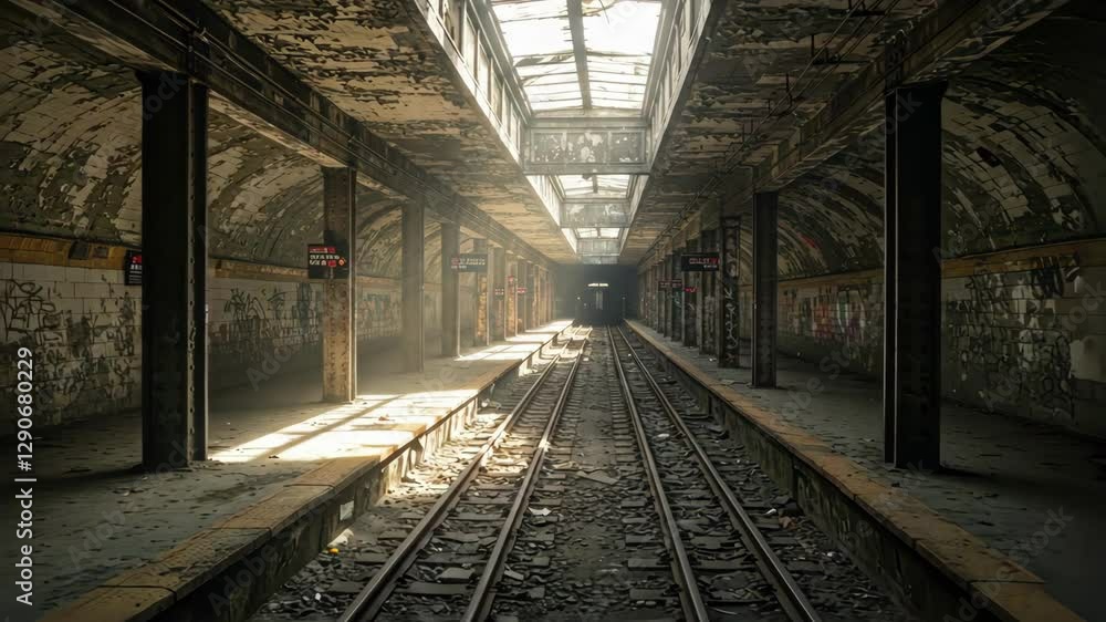 A sunlit underground train station with empty tracks A sunlit underground train station with empty tracks
