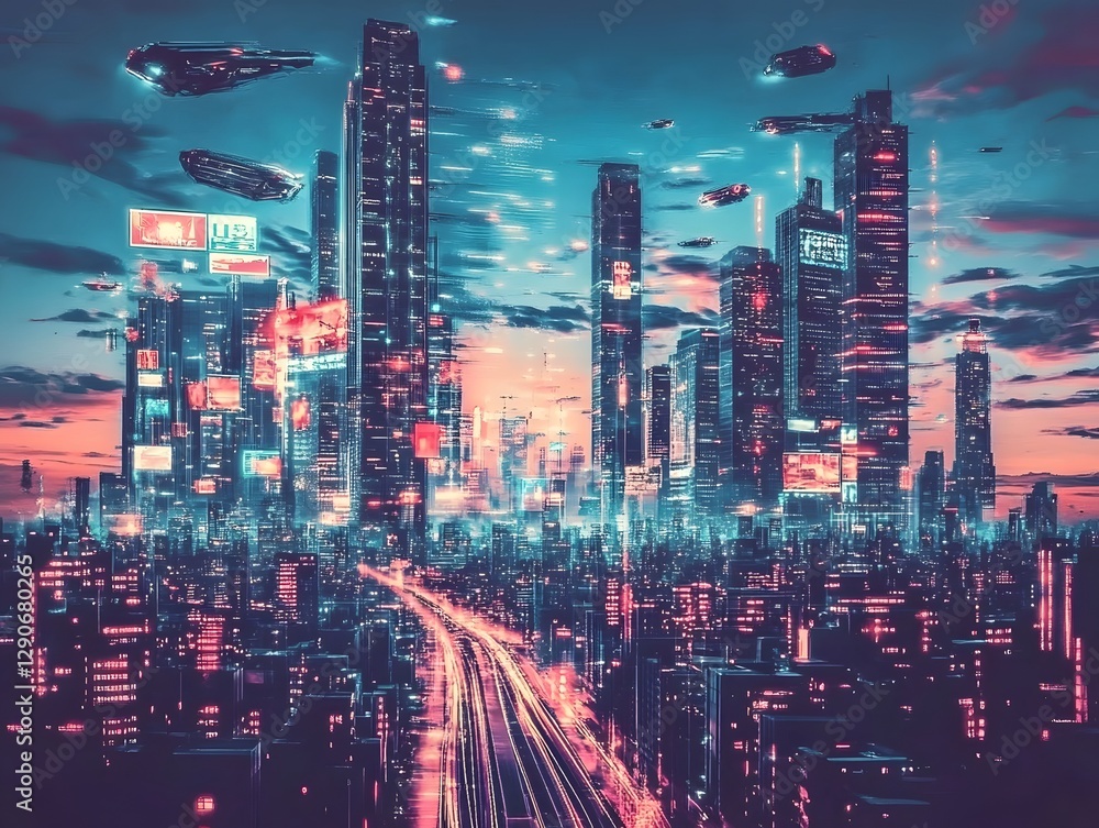 custom made wallpaper toronto digitalFuturistic city skyline at sunset with flying vehicles and vibrant neon lights illuminating the streets