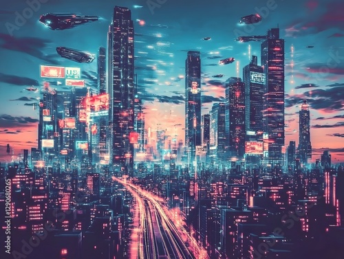 Wallpaper Mural Futuristic city skyline at sunset with flying vehicles and vibrant neon lights illuminating the streets Torontodigital.ca