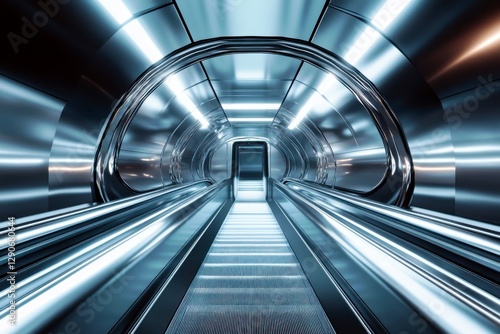 Futuristic Metallic Tunnel with Moving Walkway in Urban Environment