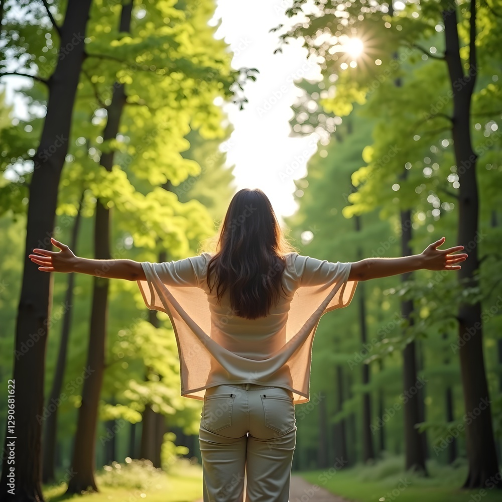 Happy woman standing in a forest with open arms, breathing clean air and embracing nature. Girl enjoying fresh outdoor woods, symbolizing wellness and a healthy lifestyle.