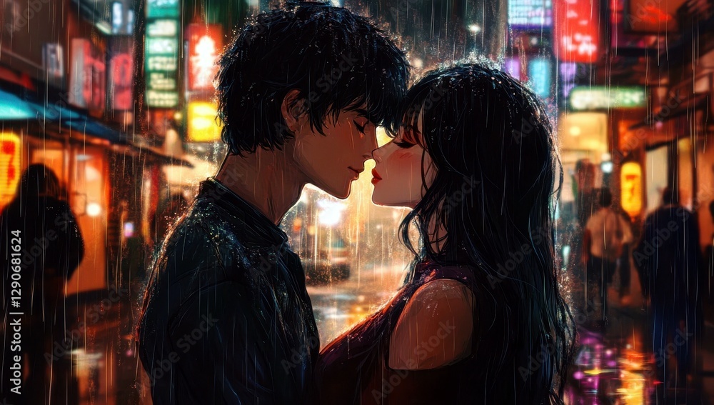 Fototapeta premium Romantic Urban Encounter in Rainy Night with Couple Standing Close Together in an Electric Neon Background