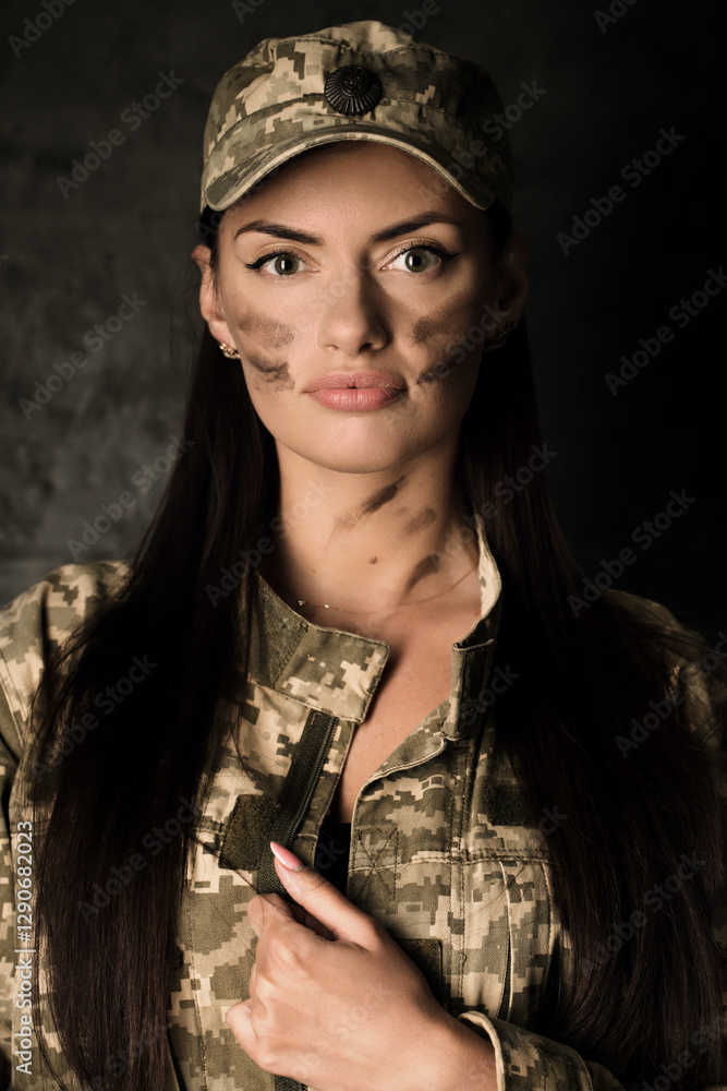 Portrait of a young woman in a military uniform and a cap with the coat of arms of Ukraine. The woman has camouflage on her face