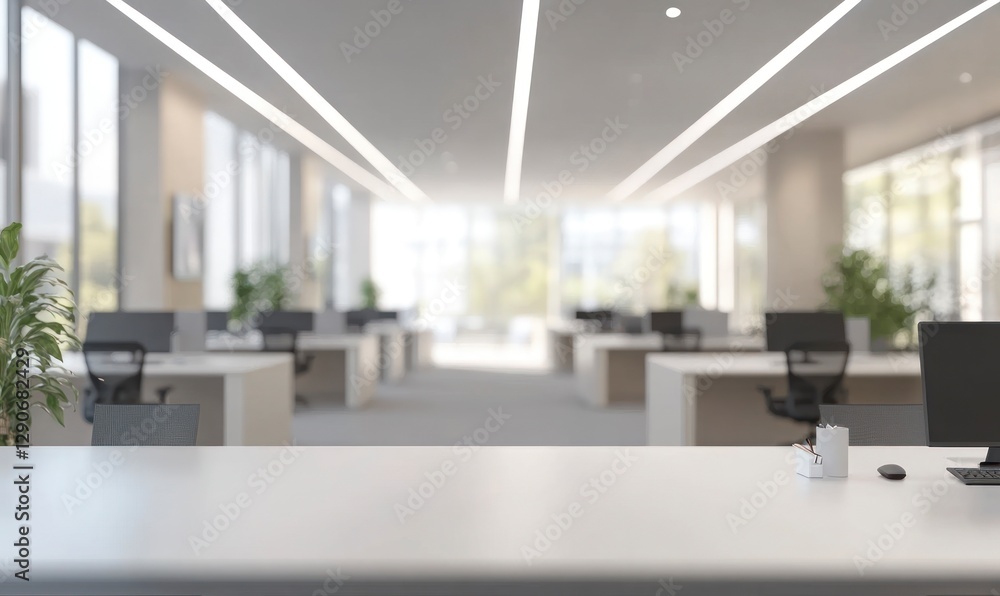 Fototapeta premium Blurred, empty modern office interior with desks and work space, blurred background of an open-plan creative studio for a design or digital marketing company, panoramic banner