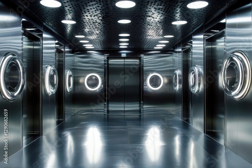 Futuristic corridor with metallic walls, circular light fixtures, and modern elevators in a sleek and minimalist design interior space