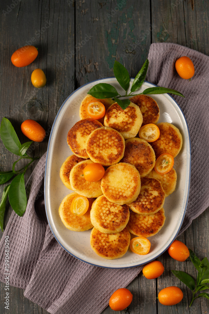 Delicious cheesecakes with delicious kumquats in a large oval plate, top view