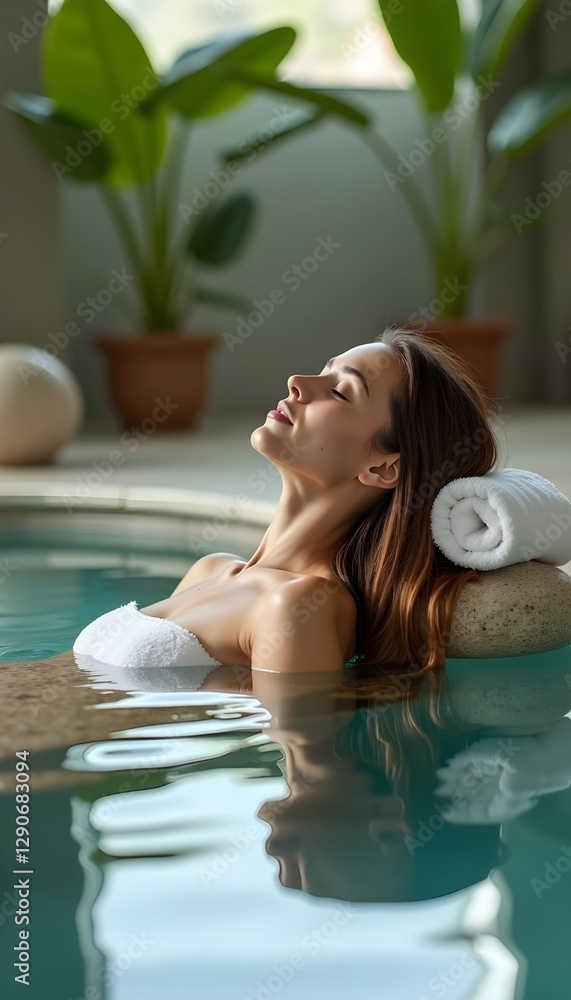 Sensual young woman relaxing in an outdoor spa swimming pool, enjoying beauty and body care, surrounded by serene natural elements for ultimate relaxation and rejuvenation.