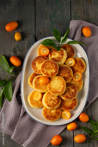 Obraz na płótnie Delicious cheesecakes with delicious kumquats in a large oval plate, top view w salonie