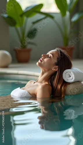Obraz na płótnie Sensual young woman relaxing in an outdoor spa swimming pool, enjoying beauty and body care, surrounded by serene natural elements for ultimate relaxation and rejuvenation.
w salonie