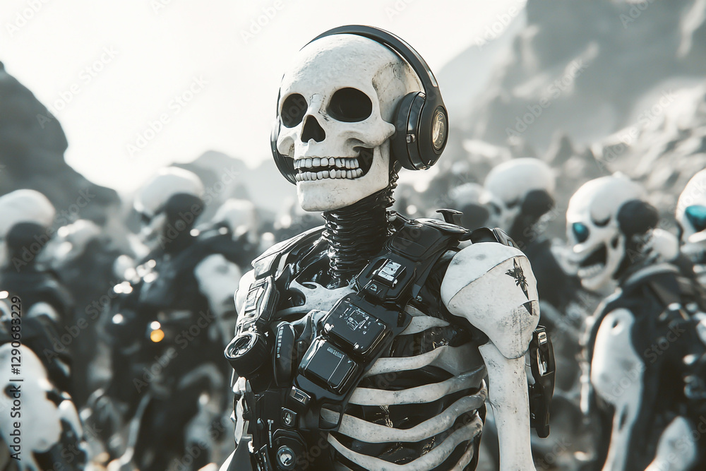 Fototapeta premium A skeleton in a space suit with headphones stands among other skeletons.