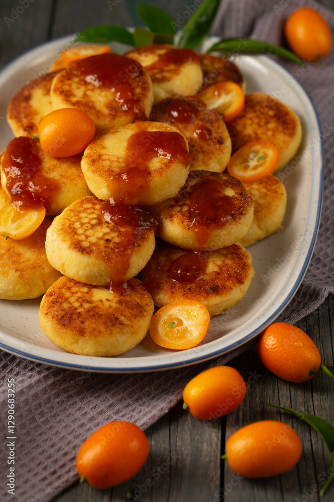 Delicious cheesecakes with delicious kumquats and citrus jam in a large oval plate, close-up