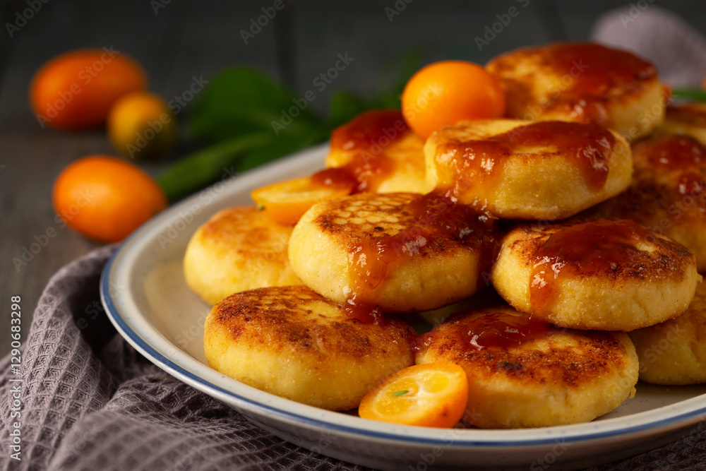 Delicious cheesecakes with delicious kumquats and citrus jam, close-up