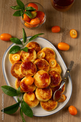 Obraz na płótnie Delicious homemade pancakes with cottage cheese, kumquat jam and fruits on a wooden table w salonie