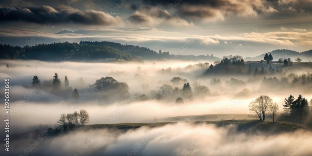 Naklejka premium Misty Landscape with Heavy Fog, overcast sky, dark background, overcast sky