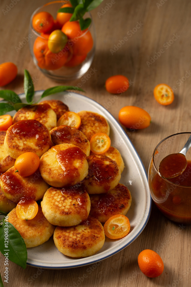 Delicious homemade cheesecakes with kumquat jam and fruits on a table
