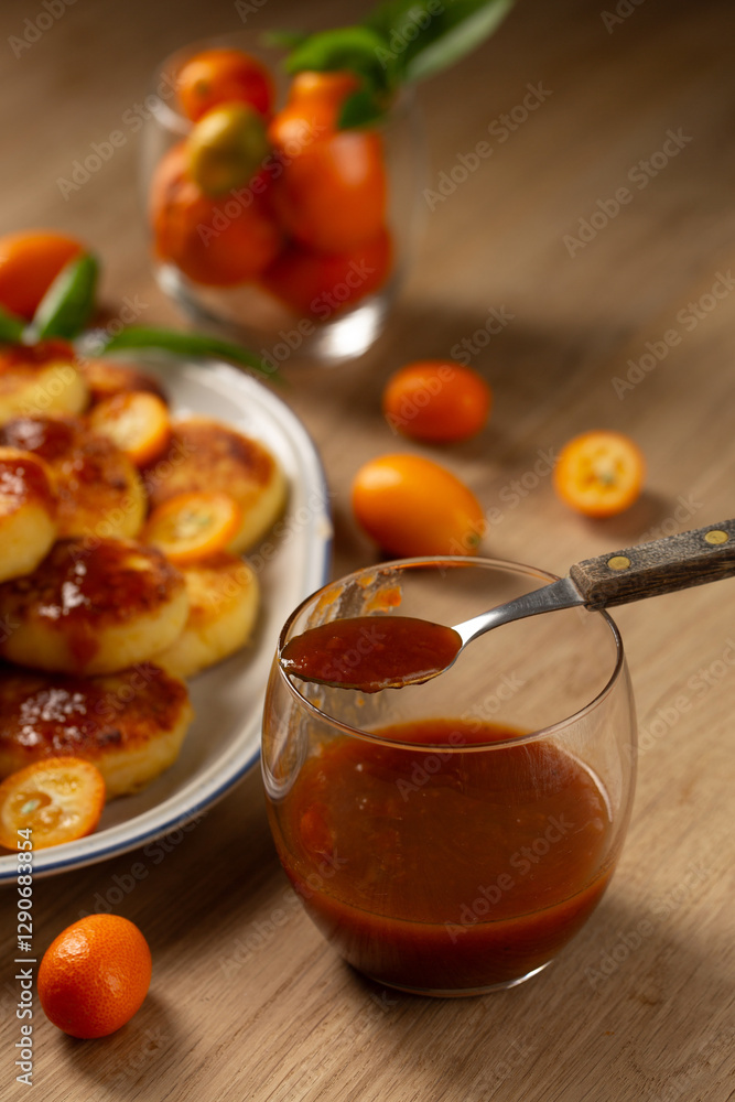 Citrus jam in a glass served with cheese pancakes