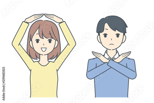OKサインを出す女性,拒否のサインを出す男性