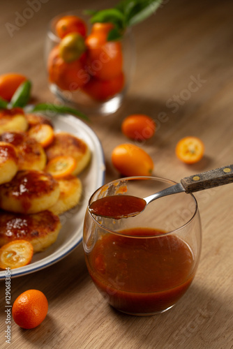 Obraz na płótnie Citrus jam in a glass served with cheese pancakes w salonie