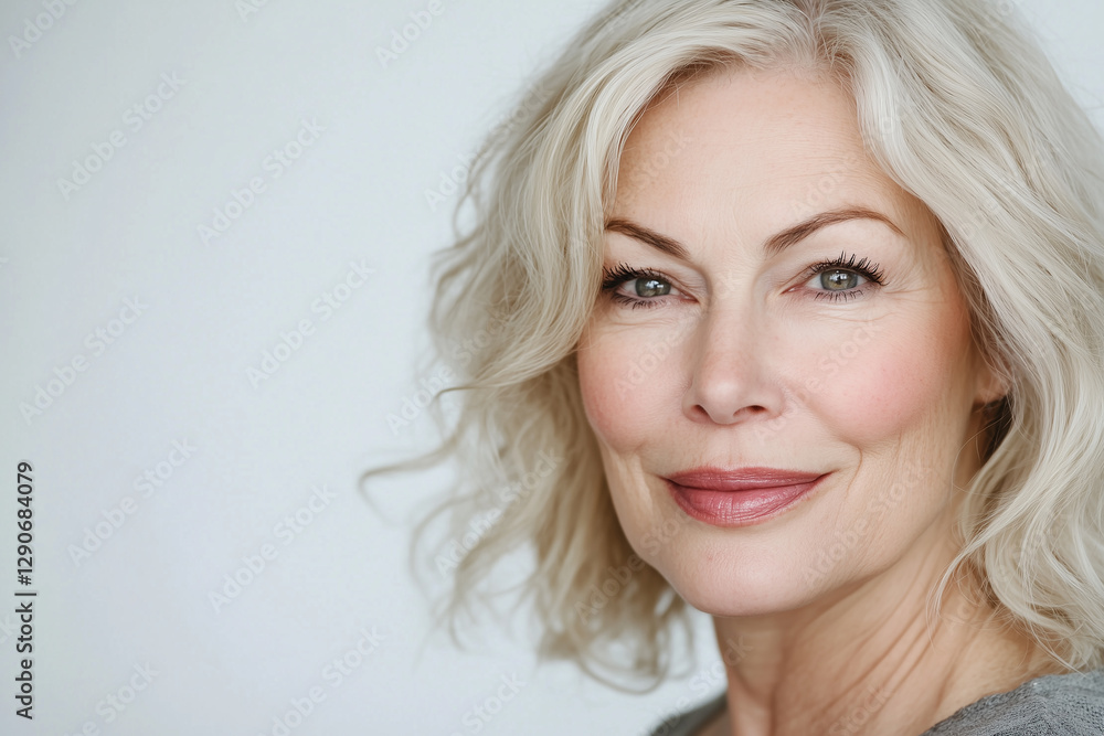 Close-up portrait of a beautiful senior woman with grey hair and fair skin, isolated on a white background. Beauty cosmetic, skincare, facial treatment, wellness and healthy lifestyle concept. Close-up portrait of a beautiful senior woman with grey hair and fair skin, isolated on a white background. Beauty cosmetic, skincare, facial treatment, wellness and healthy lifestyle concept.