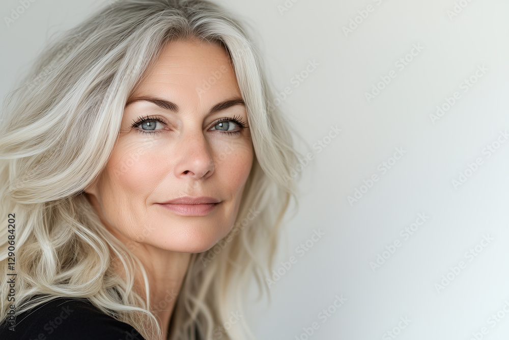 Fototapeta premium Close-up portrait of a beautiful senior woman with grey hair and fair skin, isolated on a white background. Beauty cosmetic, skincare, facial treatment, wellness and healthy lifestyle concept.