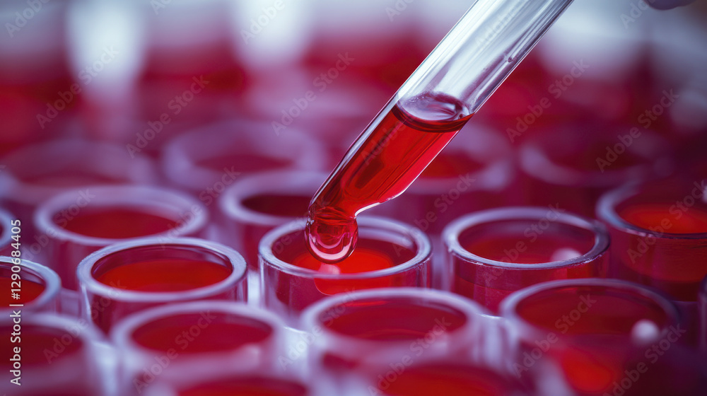 Laboratory pipette dropping red liquid into test tubes, showcasing precision in scientific research and experimentation Laboratory pipette dropping red liquid into test tubes, showcasing precision in scientific research and experimentation