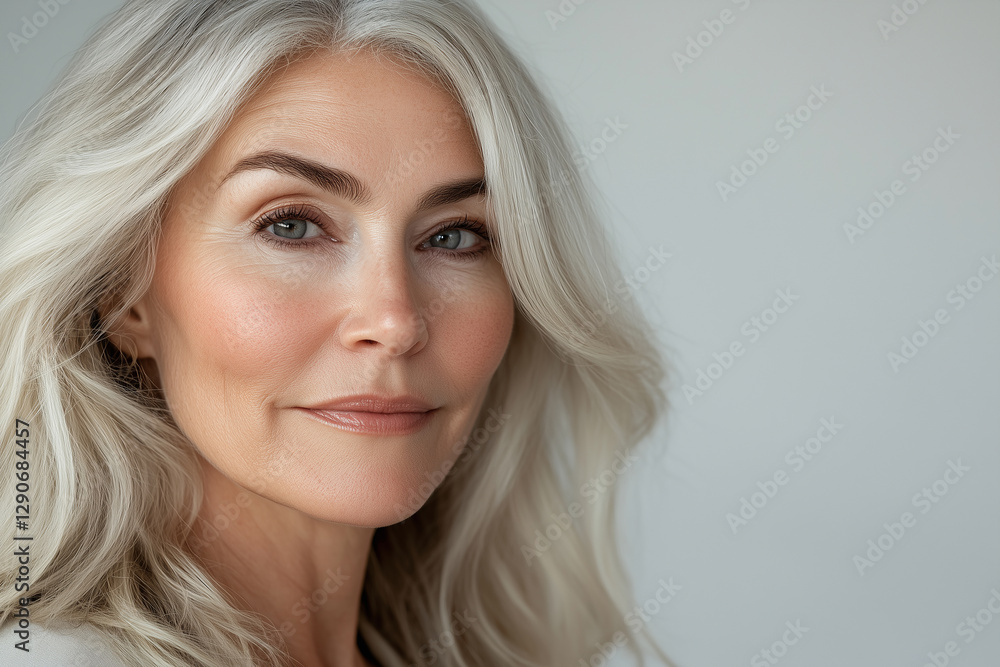 Close-up portrait of a beautiful senior woman with grey hair and fair skin, isolated on a white background. Beauty cosmetic, skincare, facial treatment, wellness and healthy lifestyle concept. Close-up portrait of a beautiful senior woman with grey hair and fair skin, isolated on a white background. Beauty cosmetic, skincare, facial treatment, wellness and healthy lifestyle concept.