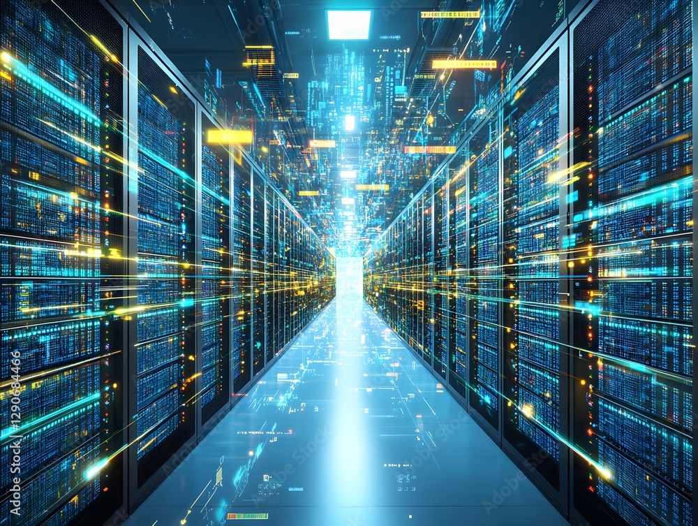 Futuristic data center with glowing servers and digital streams creating a high-tech atmosphere Futuristic data center with glowing servers and digital streams creating a high-tech atmosphere