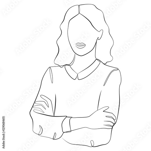 Smiling woman in business clothes standing with arms folded on chest one line drawing on white isolated background
