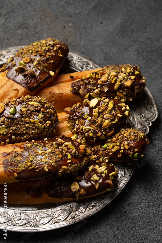 Chocolate and pistachio custard cookies on a vintage metal plate, close-up