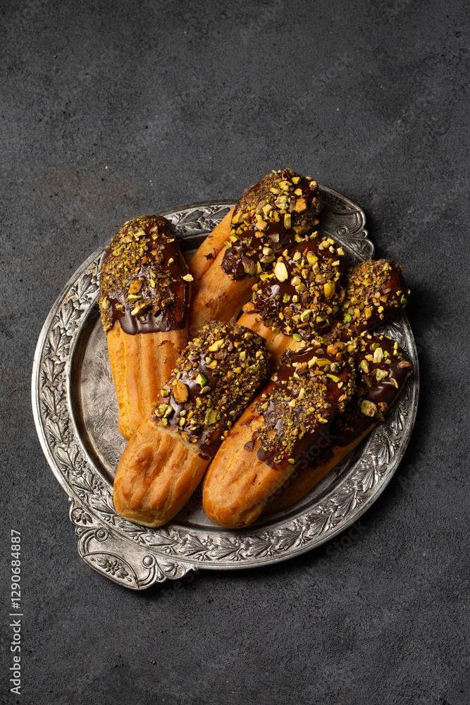 Chocolate and pistachio eclair cookies on a vintage metal plate, top view