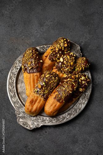 Obraz na płótnie Chocolate and pistachio eclair cookies on a vintage metal plate, top view w salonie