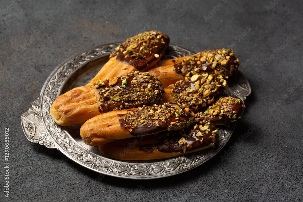 Chocolate and pistachio eclair cookies on a plate