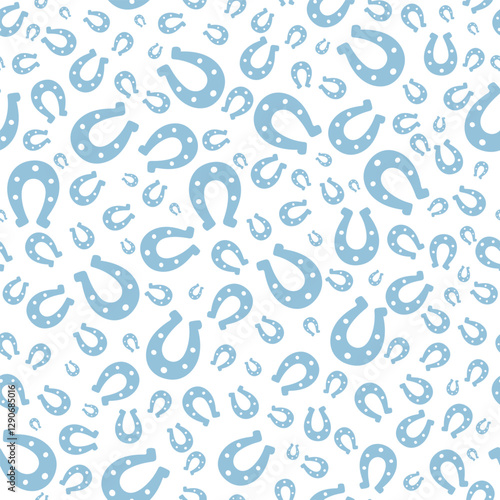 Blue silhouette of lucky horseshoe. Seamless vector pattern. Endless ornament. Isolated colorless background. Glamorous blue horse shoes. St. Patricks Day. Flat style. Repeating symbol of happiness.