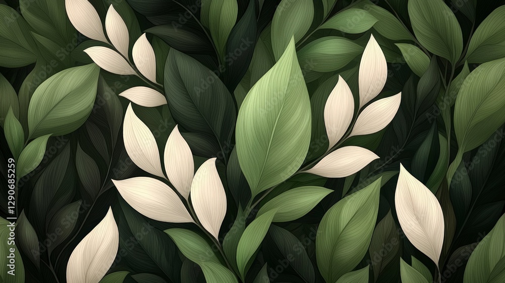Obraz premium Lush Green and Cream Botanical Leaves Illustration Nature Background Foliage Pattern