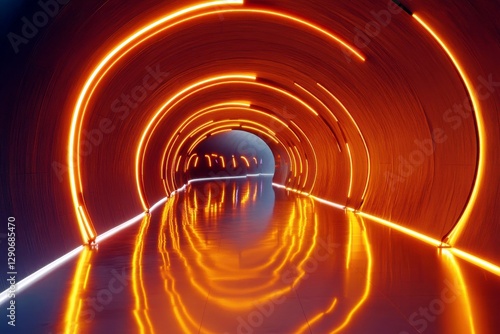 Vibrant and Futuristic Tunnel with Neon Orange Lights and Glossy Floor Reflecting Light Patterns in a Modern Architectural Space