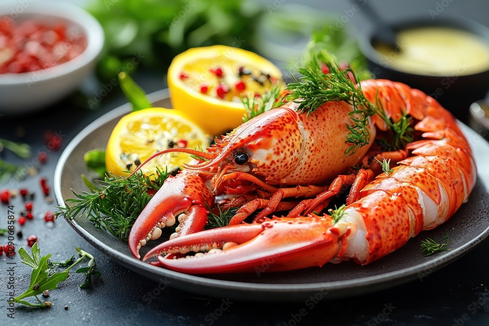 Cooked lobster on a plate with lemon and dill. Cooked lobster on a plate with lemon and dill.