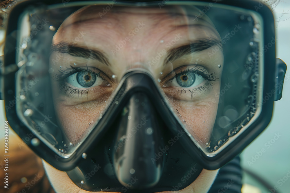 A woman wearing a black diving mask is looking at the camera. for advertising travel, diving, or cruises A woman wearing a black diving mask is looking at the camera. for advertising travel, diving, or cruises