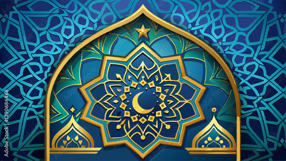 Blue Islamic background with golden ornament border pattern and green color, ramadan background concept Blue Islamic background with golden ornament border pattern and green color, ramadan background concept