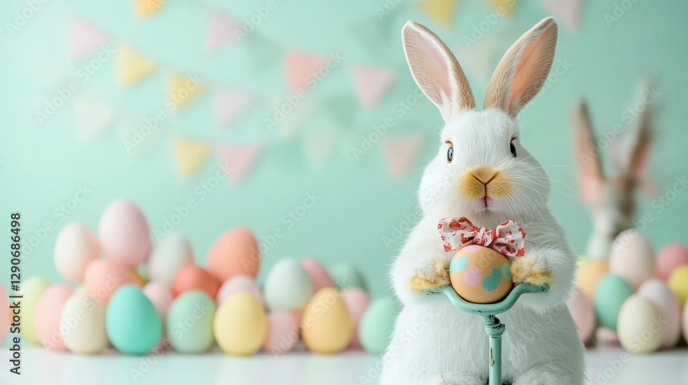 Fototapeta premium Adorable Easter Bunny on Bicycle with Egg