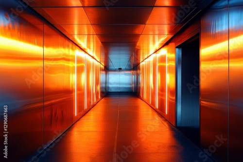 Futuristic interior corridor with glowing orange lights creating a vibrant atmosphere in a modern architectural space, showcasing sleek design elements
