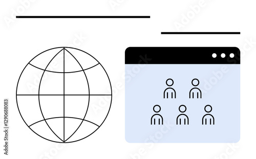 Globe icon paired with a browser window featuring six user icons symbolizes global communication, teamwork, digital networking. Ideal for remote work, technology, internet, community building, global